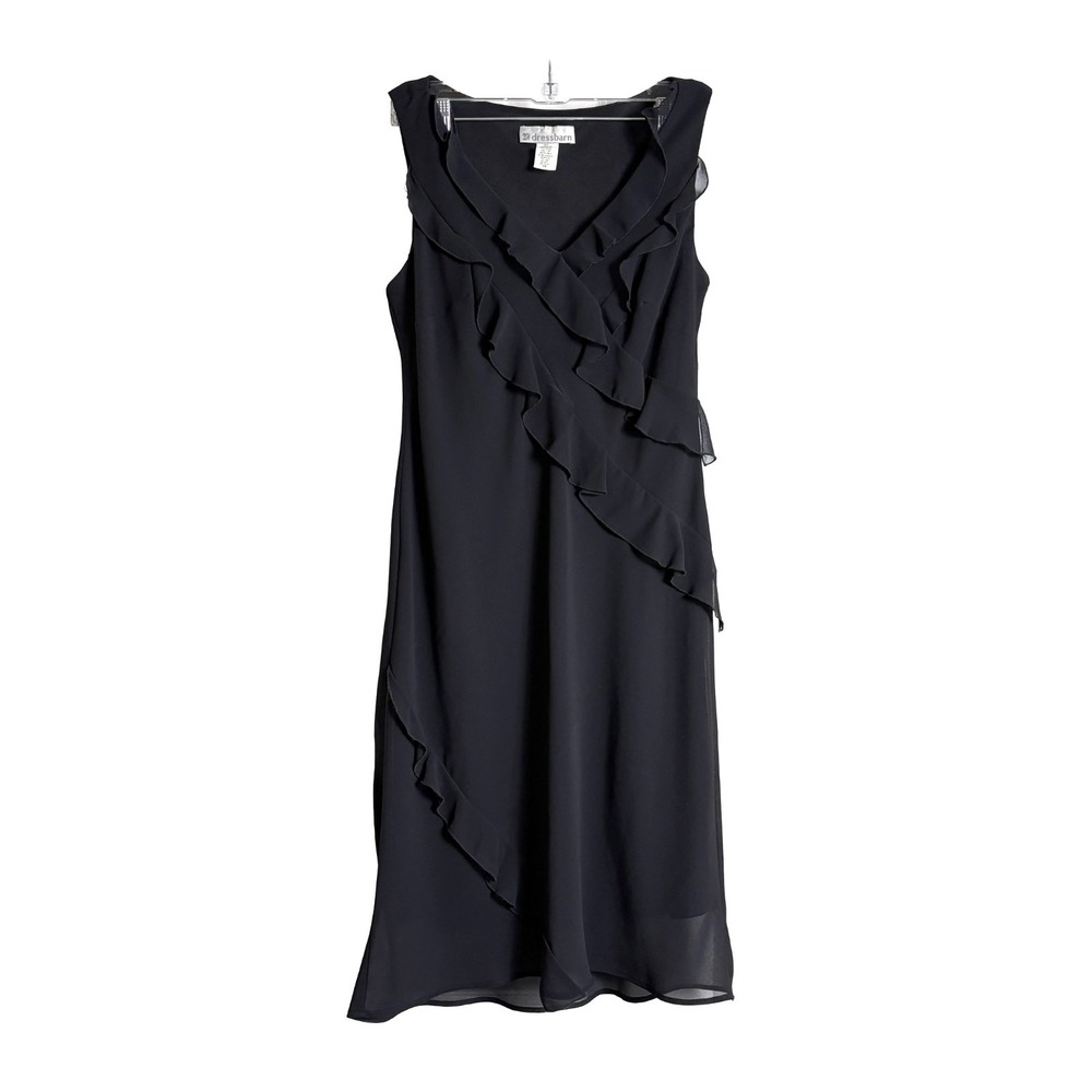 VTG Dressbarn Chiffon Ruffle Shift Dress Womens Sz 10 Black LBD Whimsi Goth Vamp